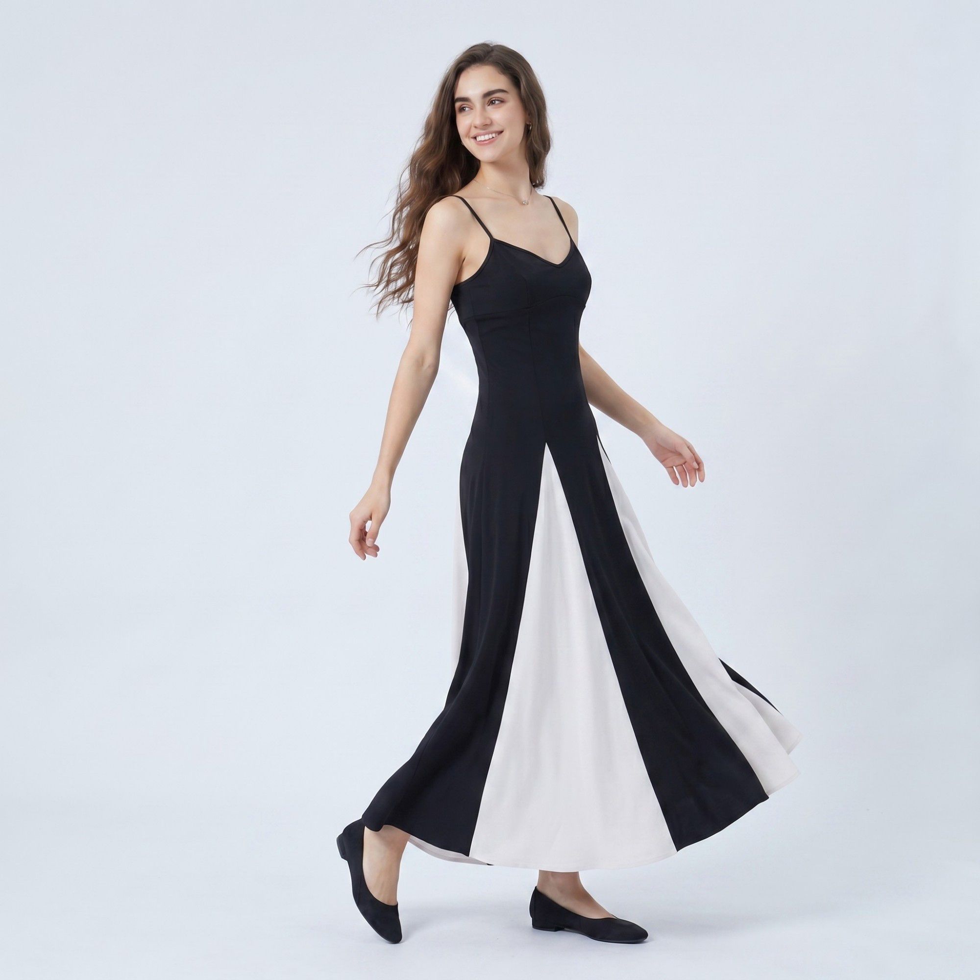 Anna-Kaci Women's Spaghetti Strap Colorblock Fit and Flare Midi Dress