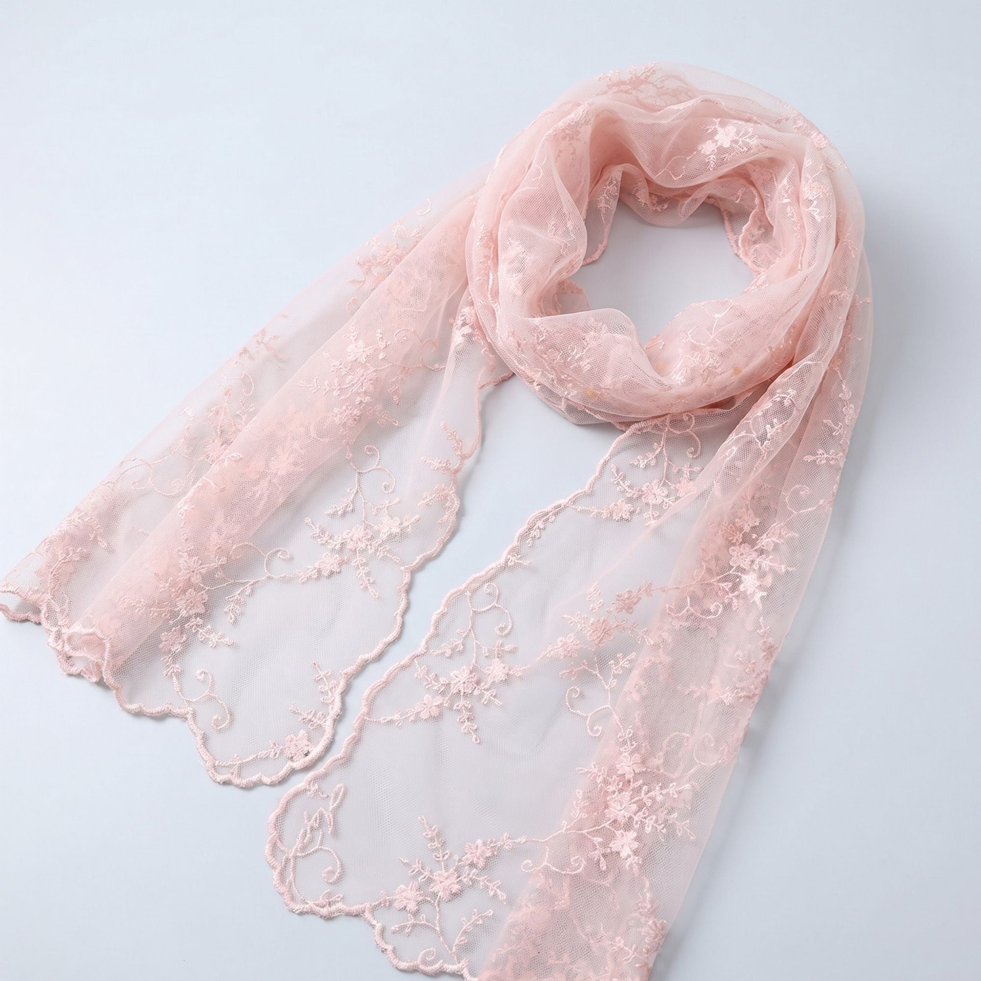 Sheer Embroidered Skinny Scarf with Floral Lace Trim and Long Neck Tie Design