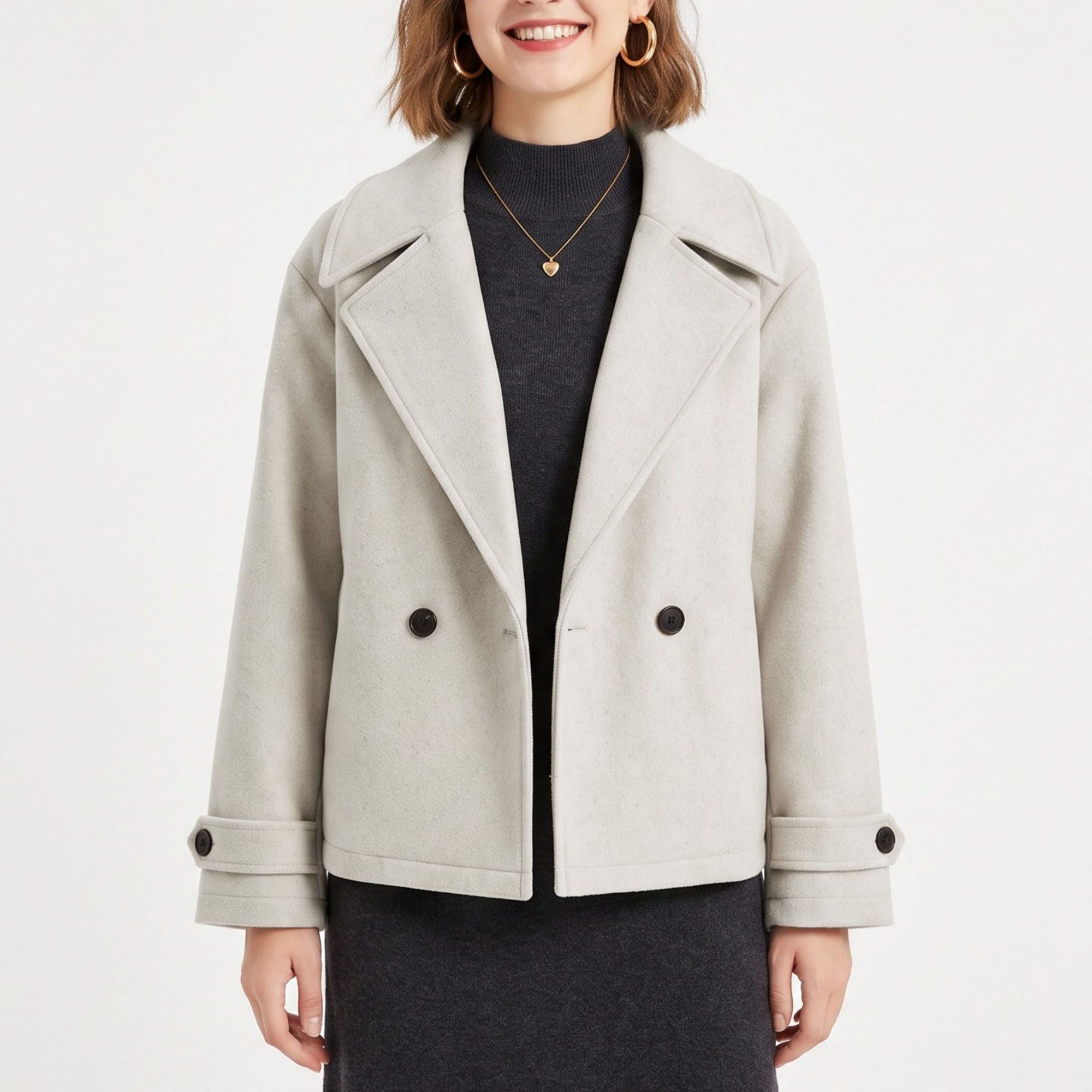 Double Breasted Short Coat Notched Collar Long Sleeve Relaxed Fit Jacket