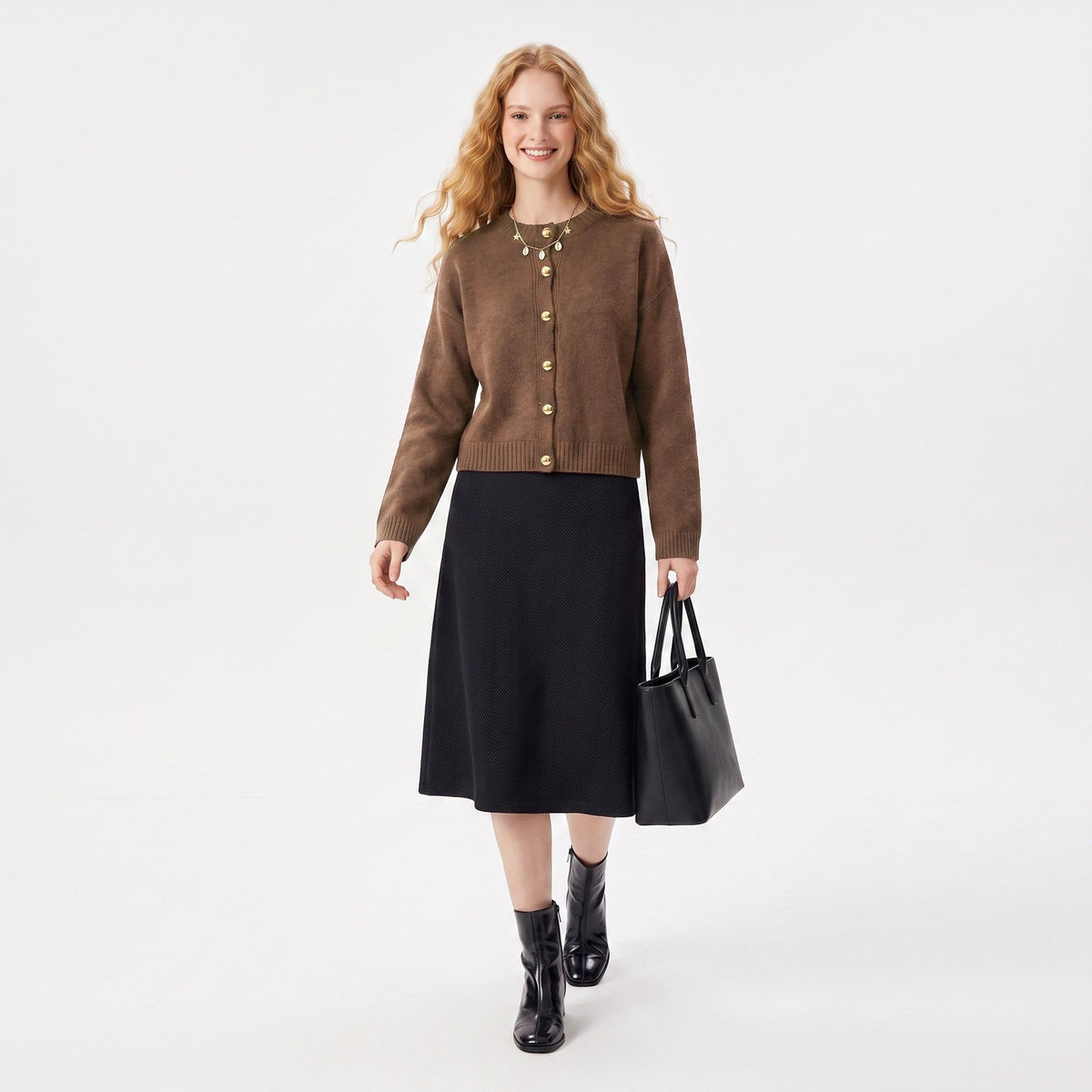 Gold Button Crewneck Cardigan Sweater