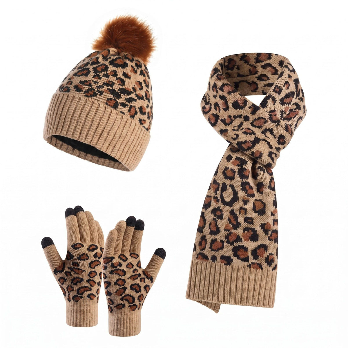 3 Piece Leopard Print Pom Beanie Scarf and Touchscreen Gloves Set