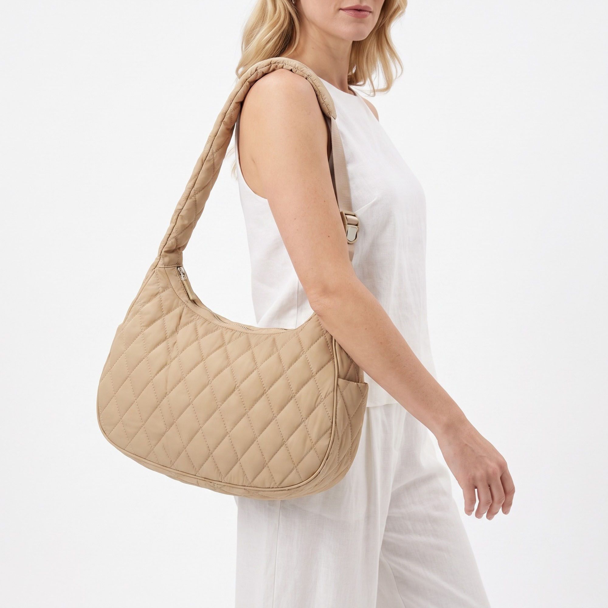Quilted Hobo Shoulder Bag with Adjustable Strap and Side Pockets 13.5x5.5x9in