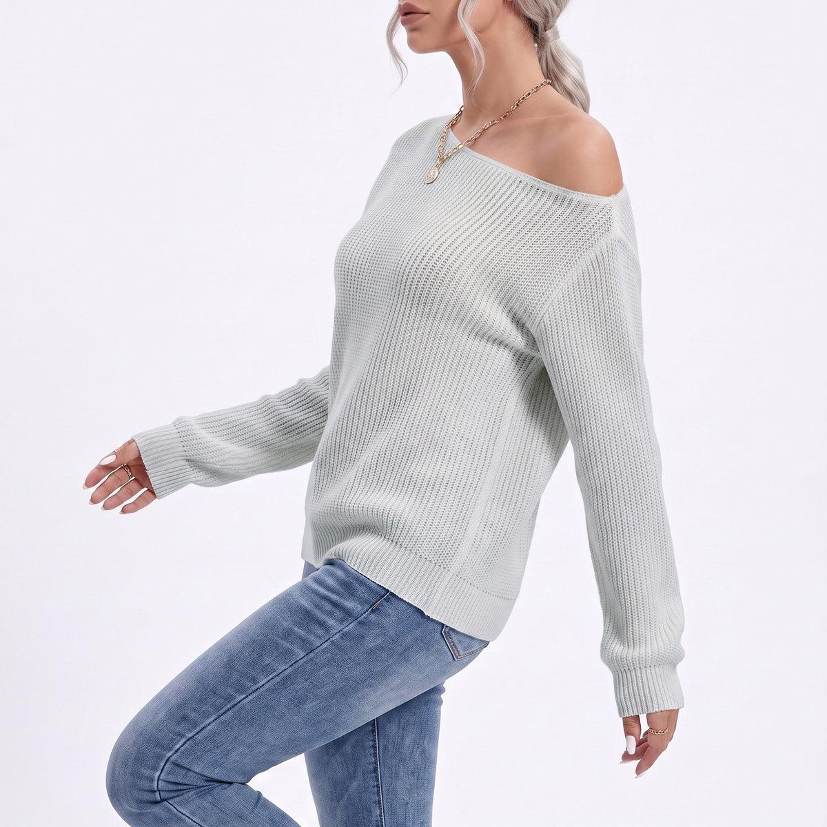 Oversized Off Shoulder Long Sleeve Knit Pullover Sweater