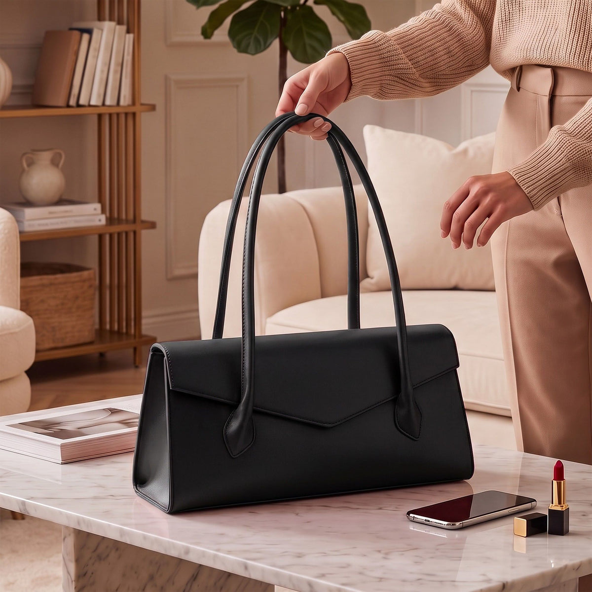 Structured East West Shoulder Bag with Flap Closure and Long Handles