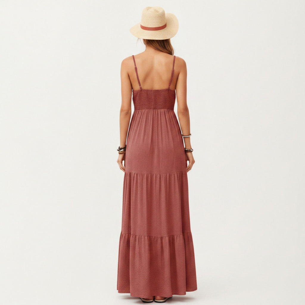 Sleeveless Tiered Maxi Dress V-Neck Cutout Empire Waist Flowy A-Line Sundress