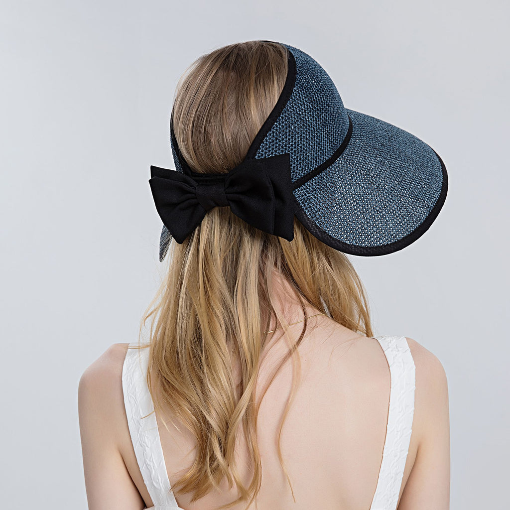 Anna-Kaci Womens Roll Up Straw Sun Visor Wide Brim Bow Detail Adjustable UV Protection Packable Summer Hat