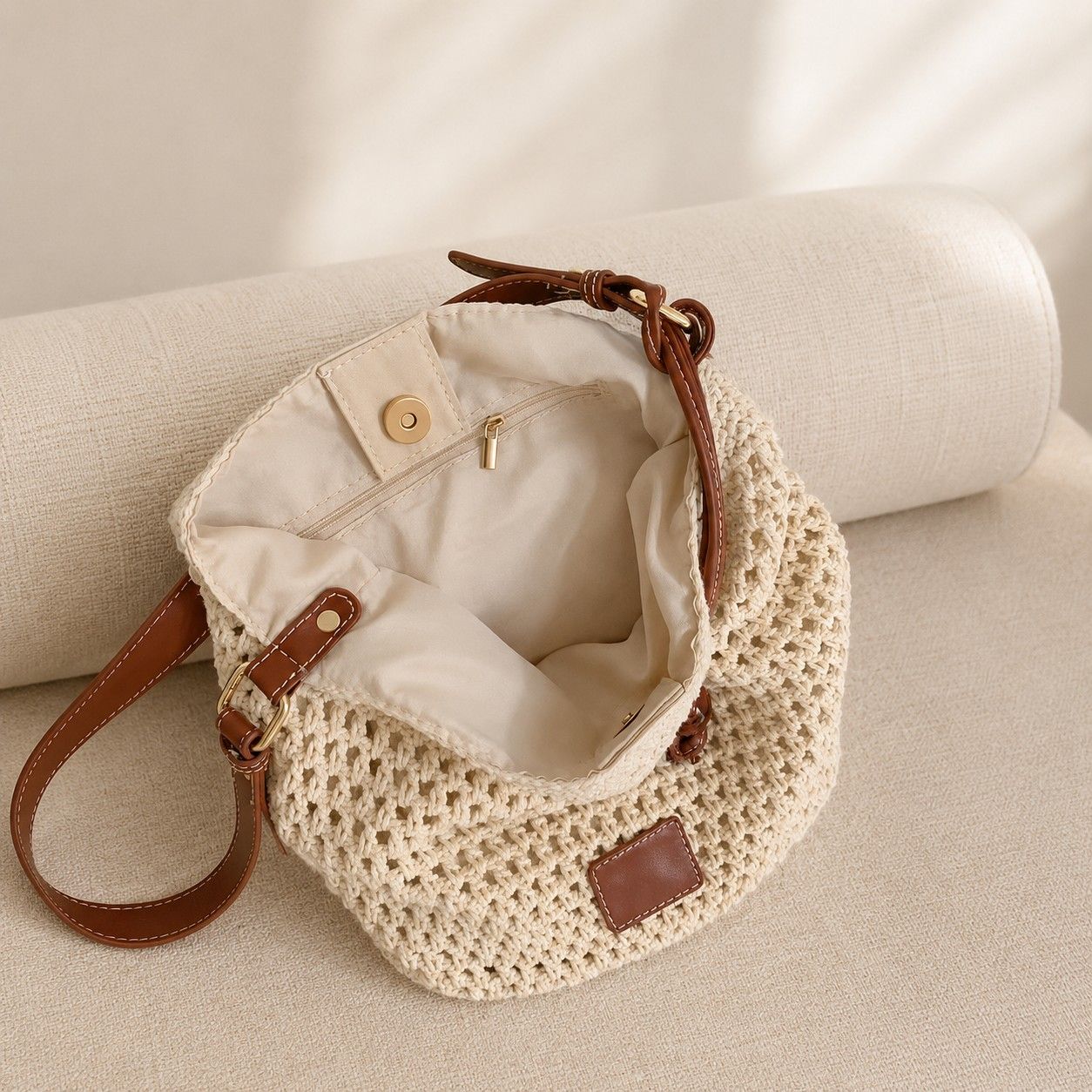 Crochet Woven Shoulder Bag Lightweight Crossbody Handbag with Contrast Trim