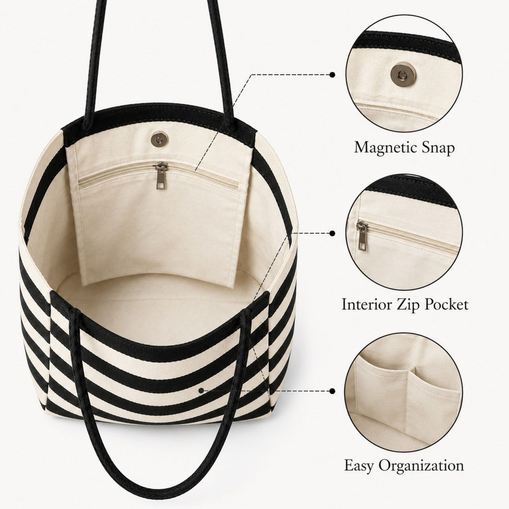 Striped Tote Bag with Large Capacity Soft Shoulder Carry Design