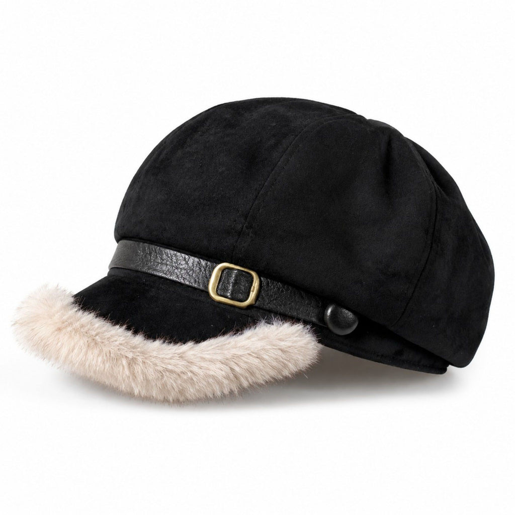 Faux Suede Newsboy Cap with Faux Fur Trim