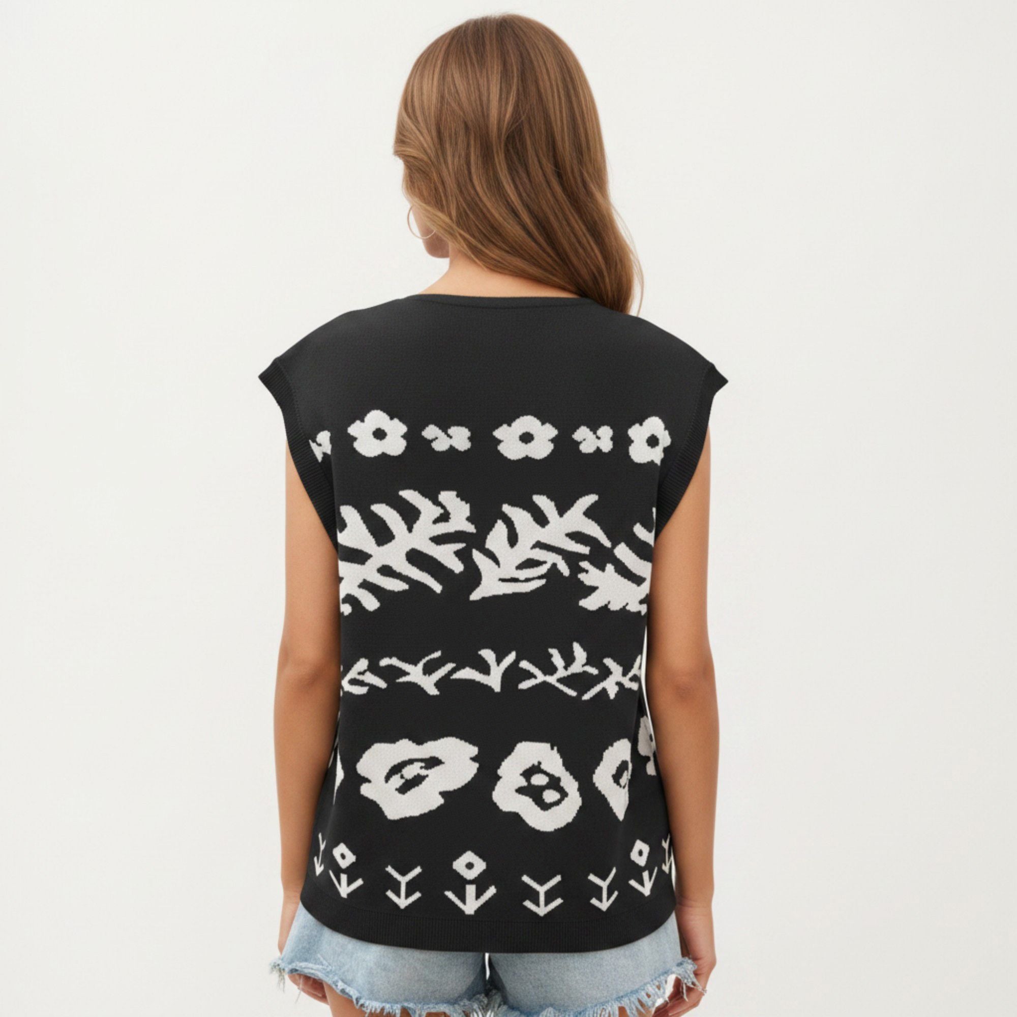 Anna-Kaci Women's Sleeveless Floral Knit Vest Top with V-Neck Front and Button Detail