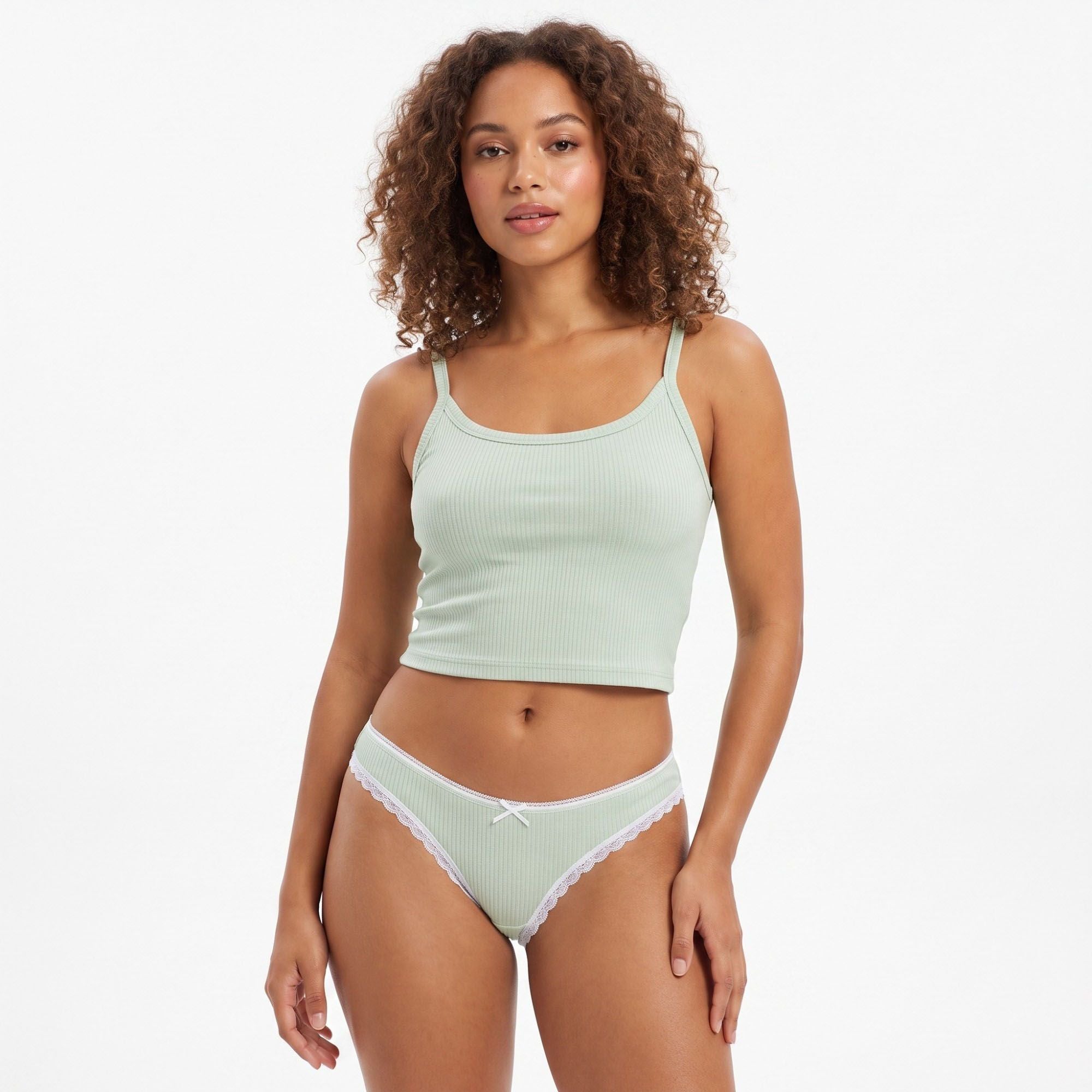 Anna-Kaci Womens 2 Pack Ribbed Lace Trim Thong Underwear