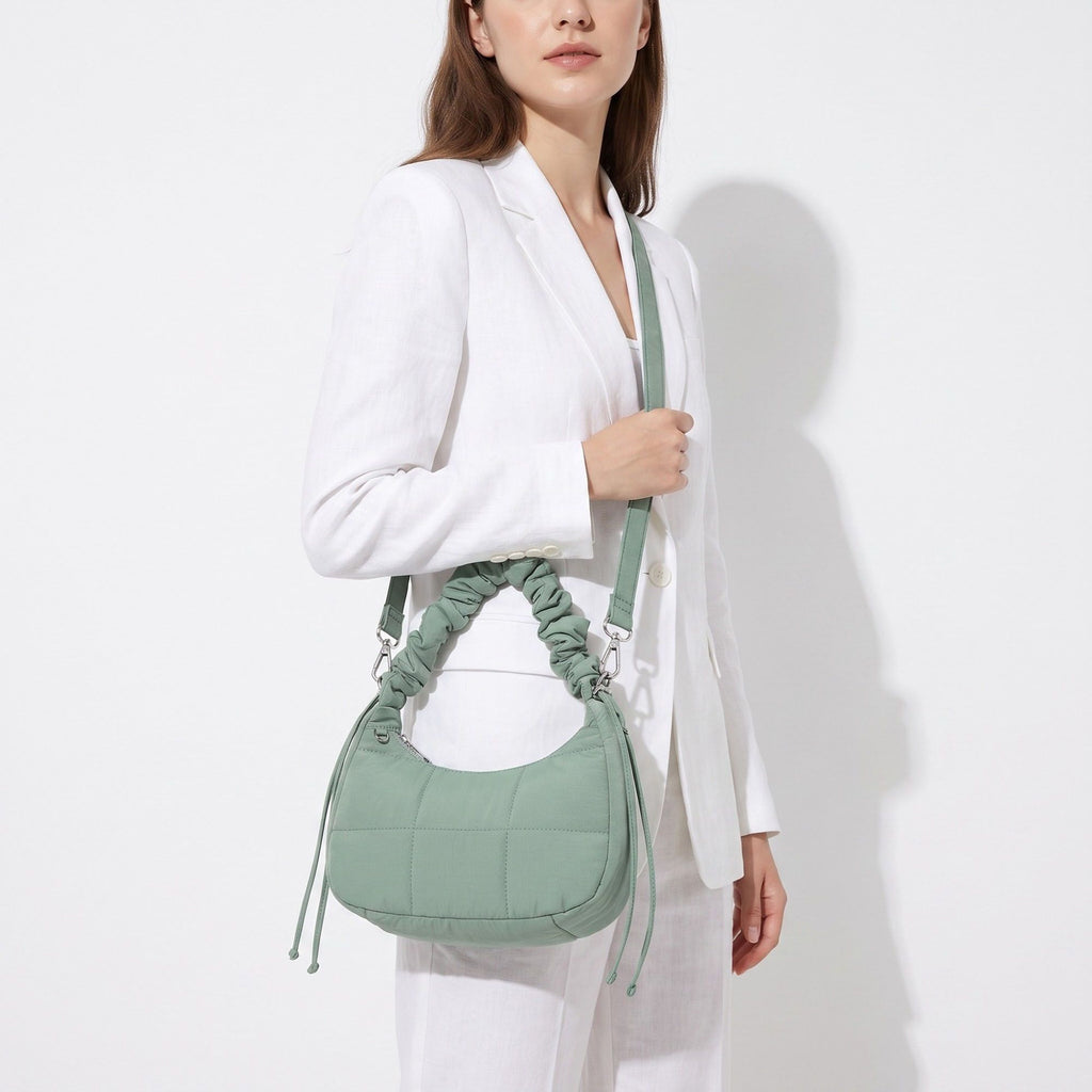 Quilted Crescent Shoulder Bag with Ruched Handle and Detachable Crossbody Strap 10.5x4x6in