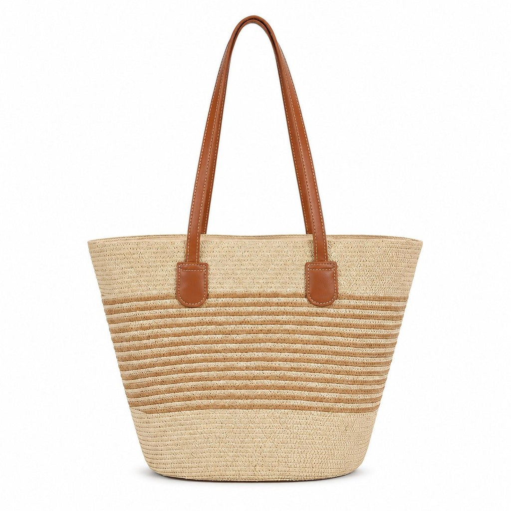 Striped Woven Straw Tote Bag Large Capacity Zip Top Shoulder Carryall Handbag