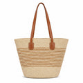Striped Woven Straw Tote Bag Large Capacity Zip Top Shoulder Carryall Handbag
