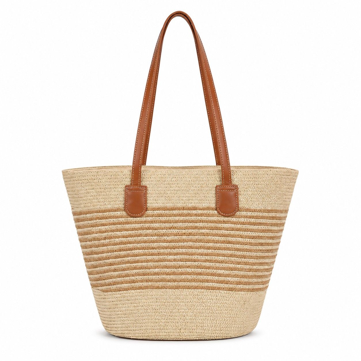 Striped Woven Straw Tote Bag Large Capacity Zip Top Shoulder Carryall Handbag
