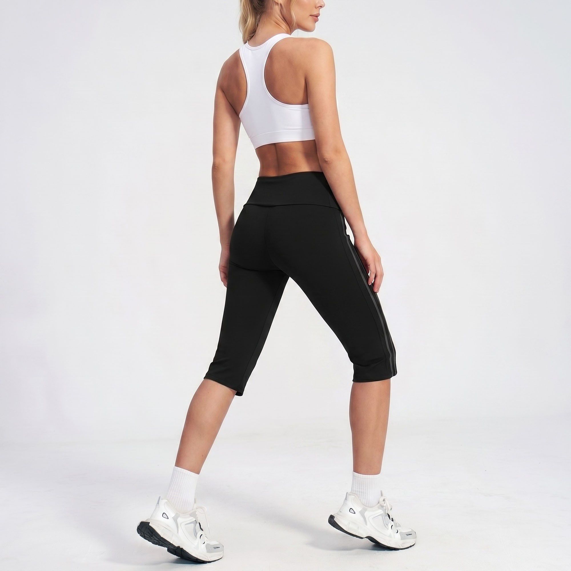High Waist Side Stripe Capri Leggings Wide Waistband Cropped Workout Yoga Pants