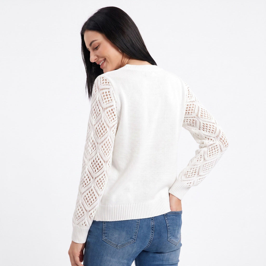 V-Neck Openwork Sleeve Long Sleeve Knit Sweater