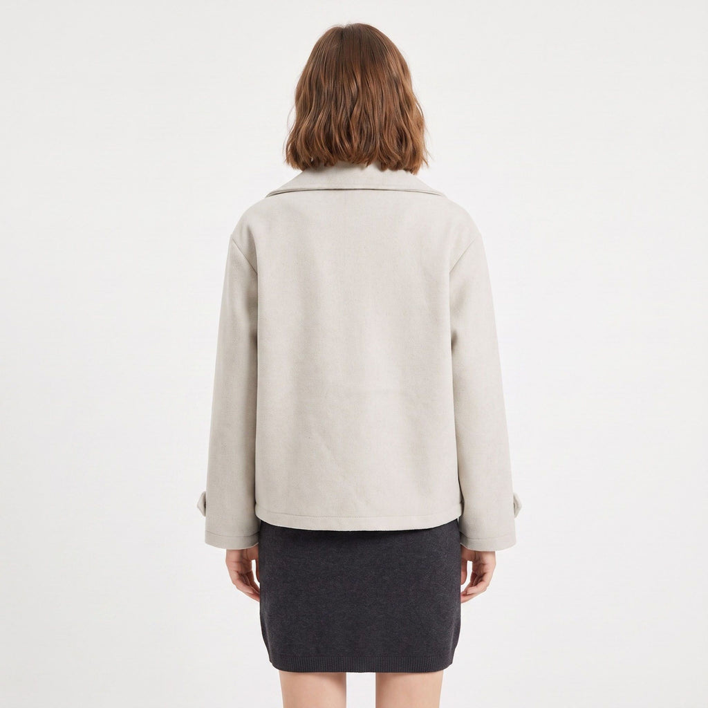 Double Breasted Short Coat Notched Collar Long Sleeve Relaxed Fit Jacket