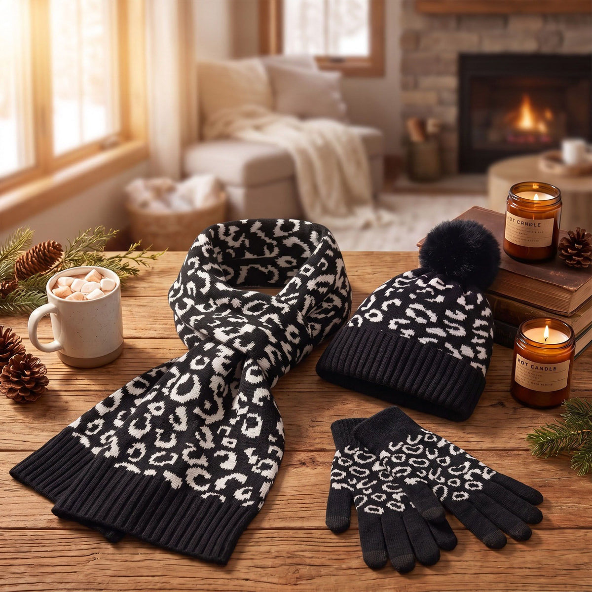 3 Piece Leopard Print Pom Beanie Scarf and Touchscreen Gloves Set