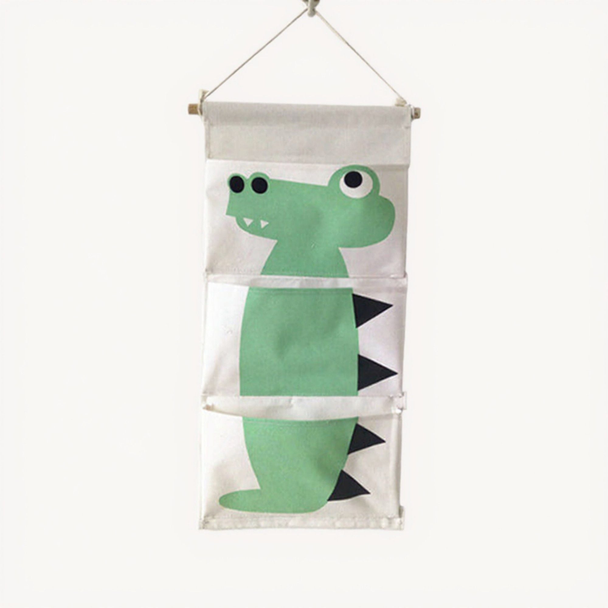 Hanging Canvas Storage Organizer with Cartoon Crocodile Design and Three Pockets 25.5x11.8 in