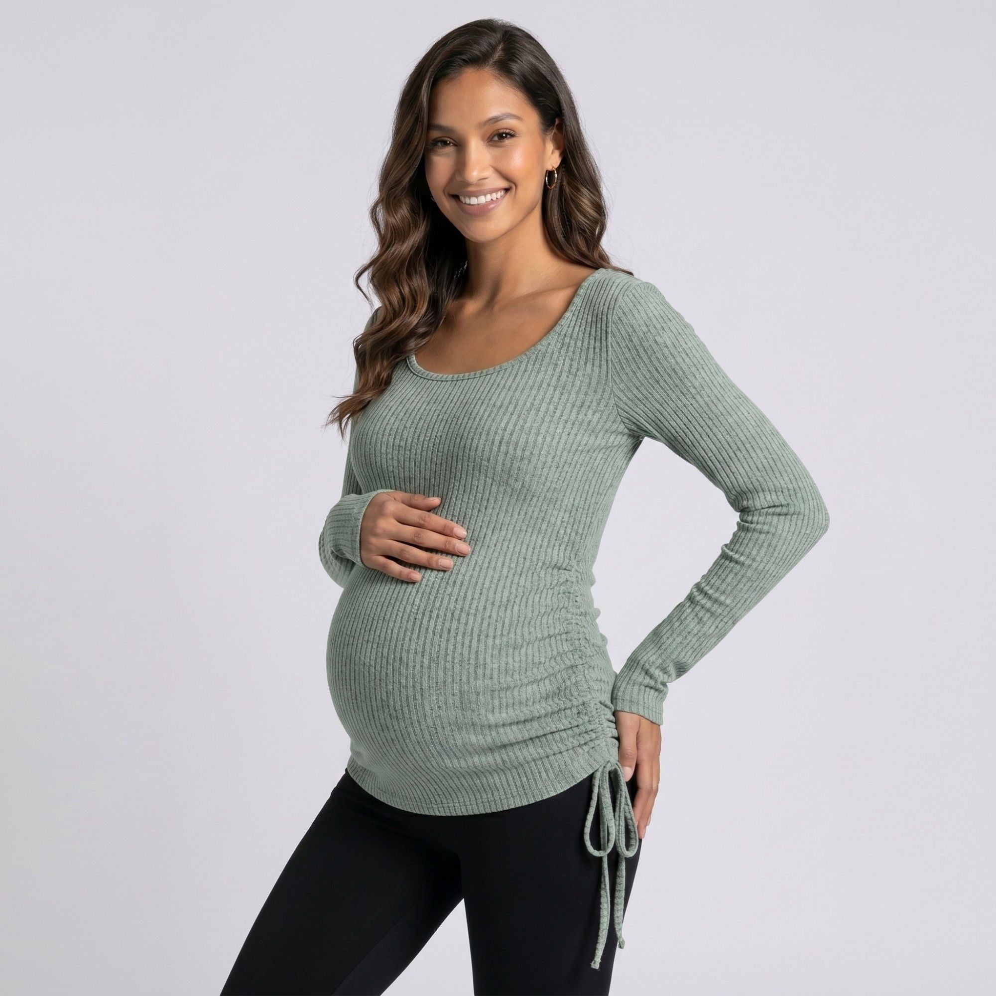 Anna-Kaci Women's Maternity Ribbed Long Sleeve Top with Scoop Neck and Side Ruched Tie Detail