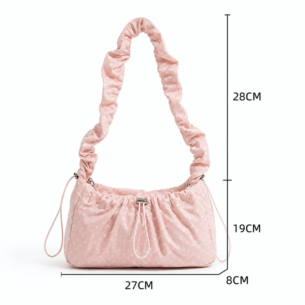 Polka Dot Cloud Shoulder Bag Ruched Drawstring Underarm Purse Sweet Ruffled Hobo Handbag