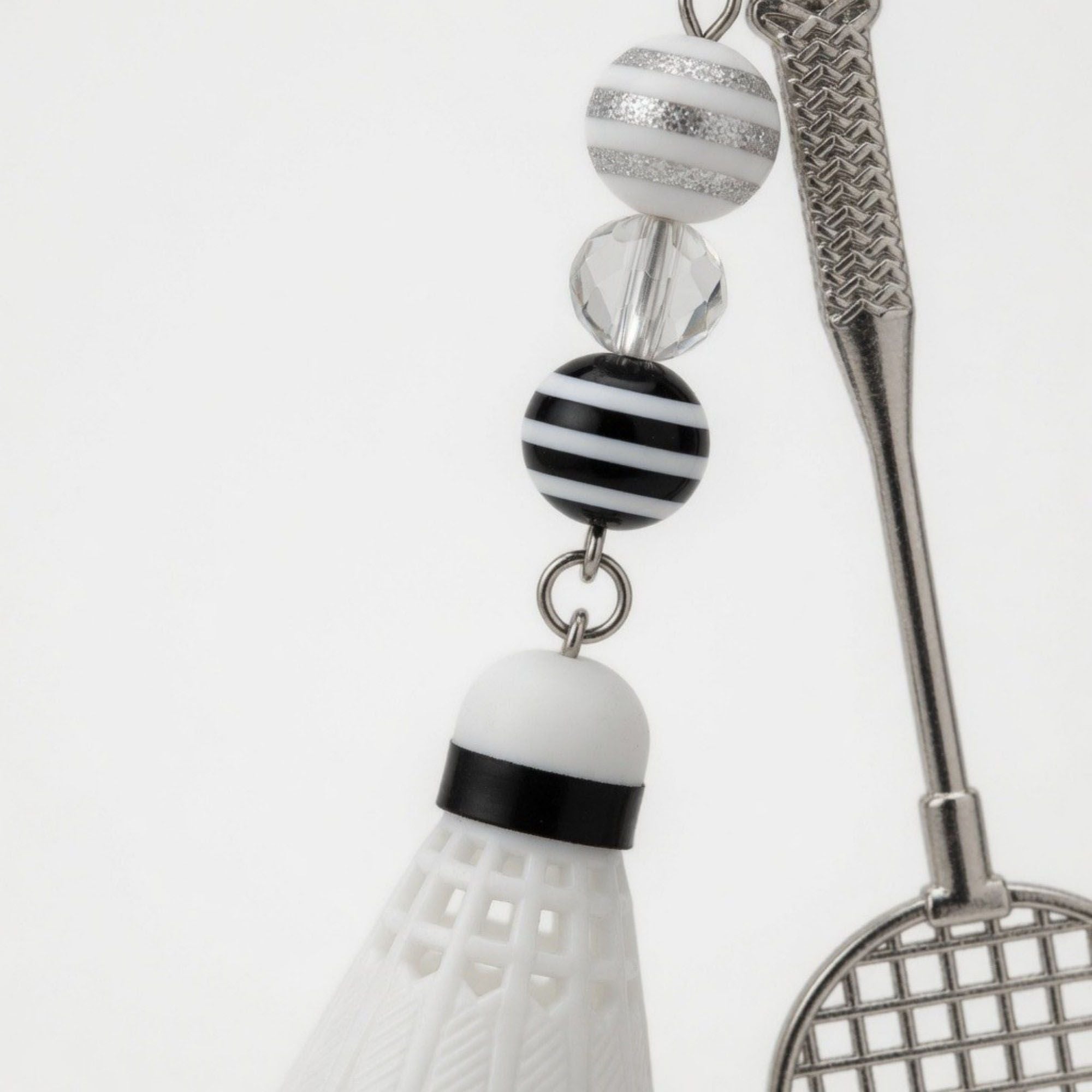 Badminton Racket Keychain with Shuttlecock Charm Beaded Detail Metal Key Ring
