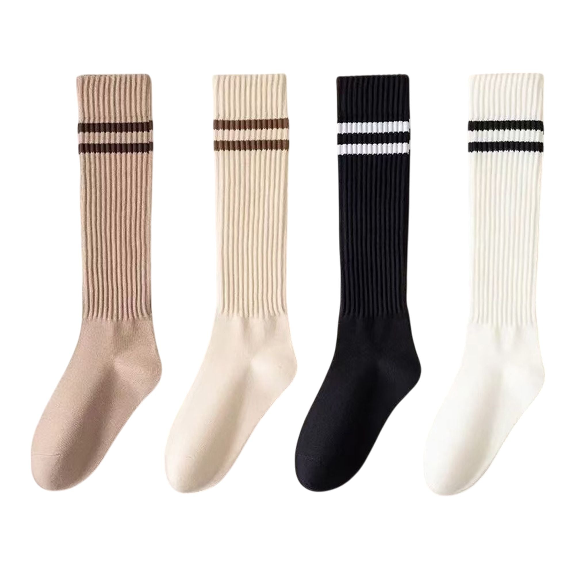 Anna-Kaci Women's 4-Pair Set Ribbed Knee-High Socks with Striped Detail Slim Fit Stretch Design for Casual Outfits