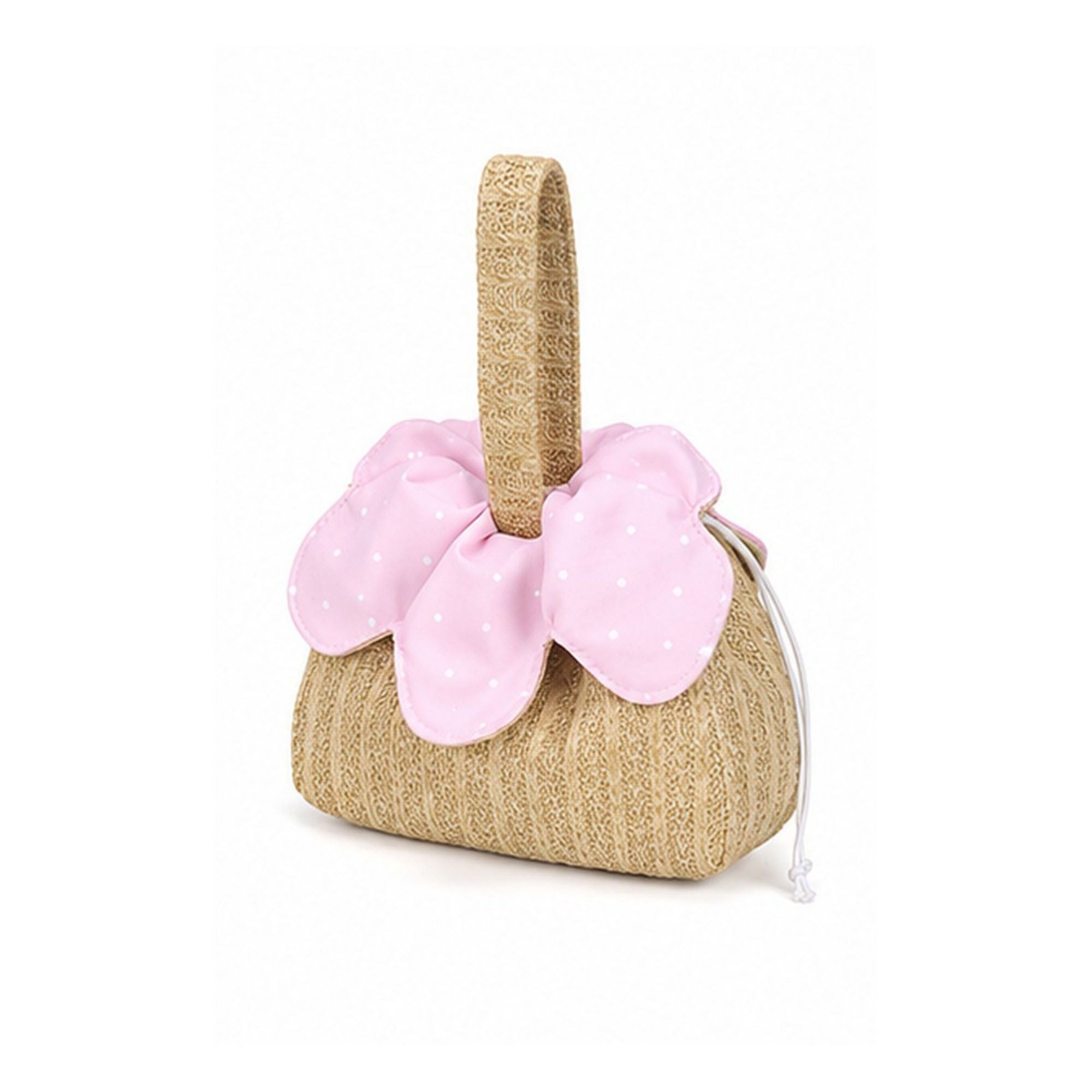 Textured Knit Drawstring Handbag with Floral Petal Trim, Dual Handles and Compact Cosmetic Storage Design