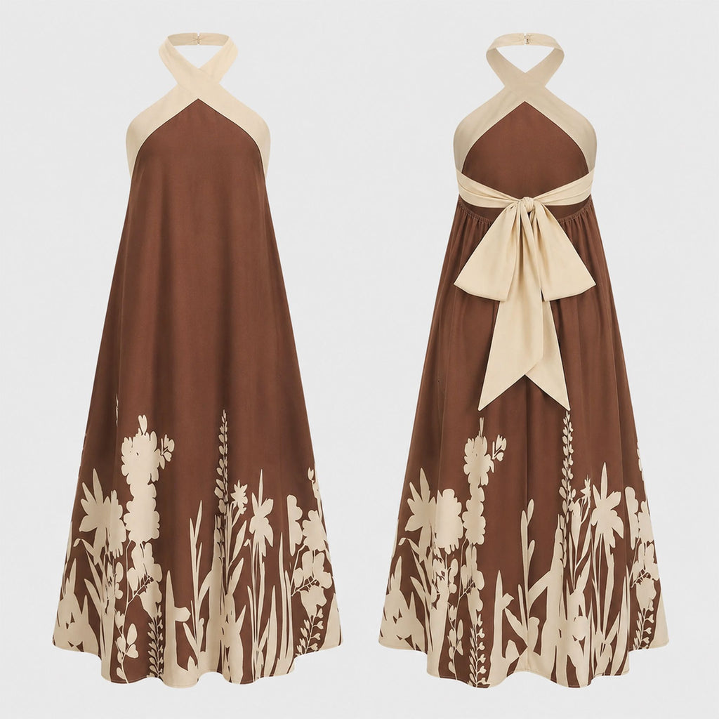 Halter Neck Maxi Dress with Crisscross Straps Open Back Tie Waist Botanical Border Print and A Line Skirt