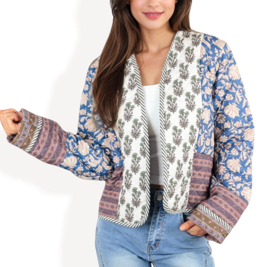 Patchwork Open Front Jacket with Floral and Geometric Prints