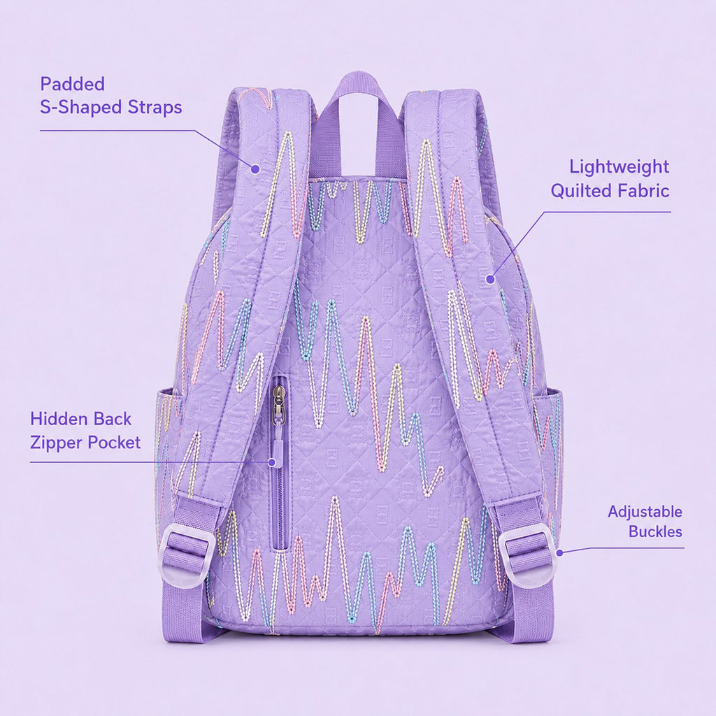 Quilted Backpack with Embroidered Pattern and Multiple Pockets