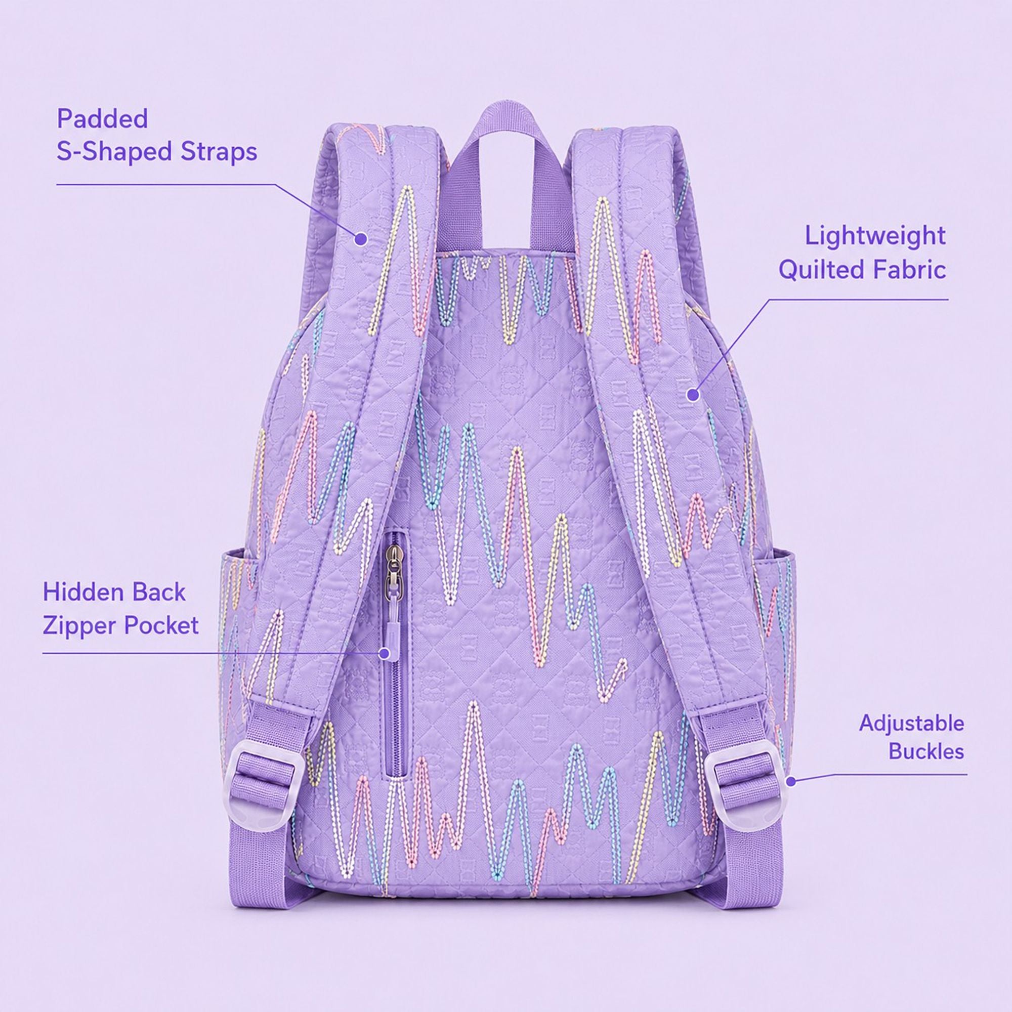 Quilted Backpack with Embroidered Pattern and Multiple Pockets
