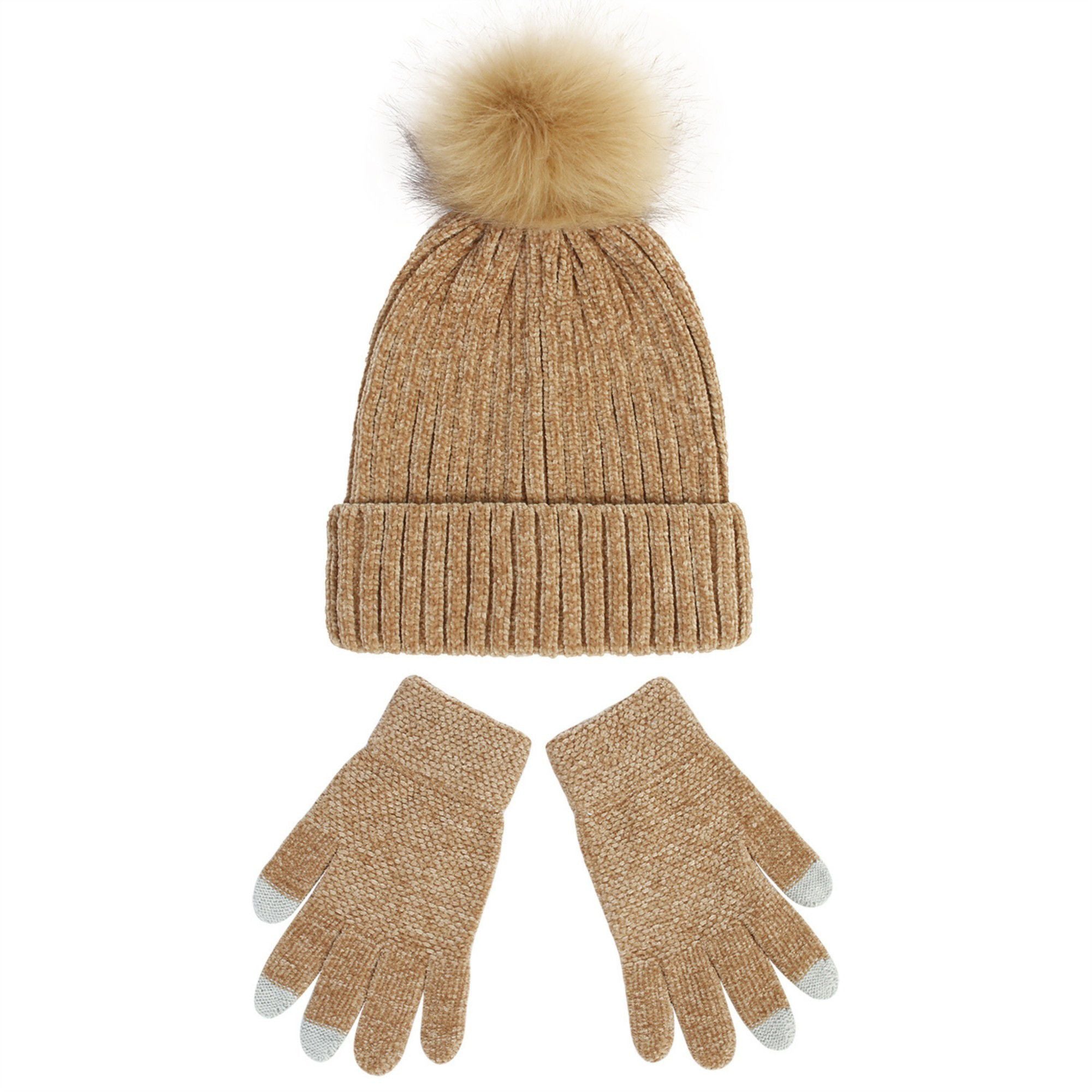 Anna-Kaci Knit Beanie and Touchscreen Gloves 2-Piece Winter Accessory Set with Ribbed Cuff Design and Fluffy Pom Pom Detail