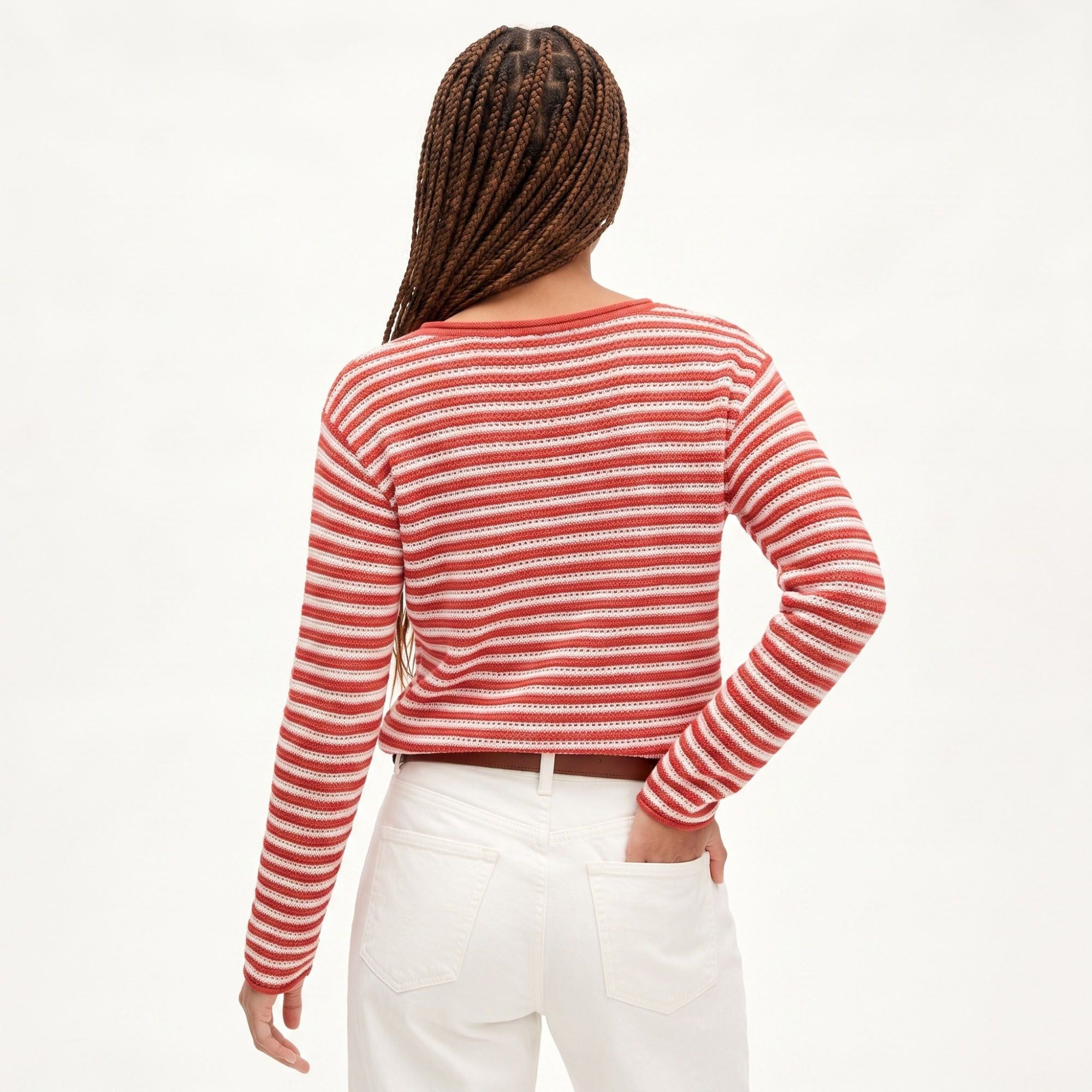 Striped Pointelle Knit Boat Neck Long Sleeve Sweater