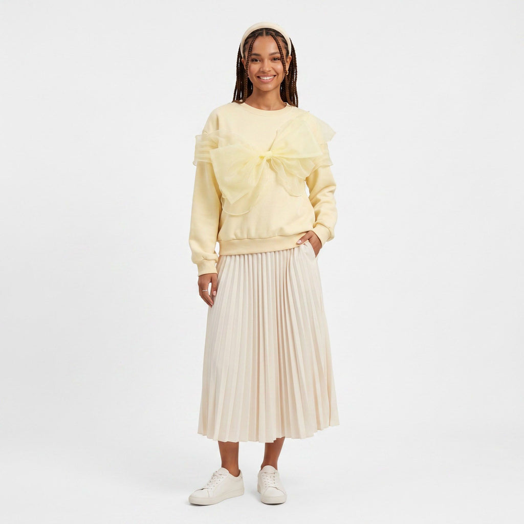 Crewneck Sweatshirt Oversized Sheer Bow Detail Long Sleeve Relaxed Fit
