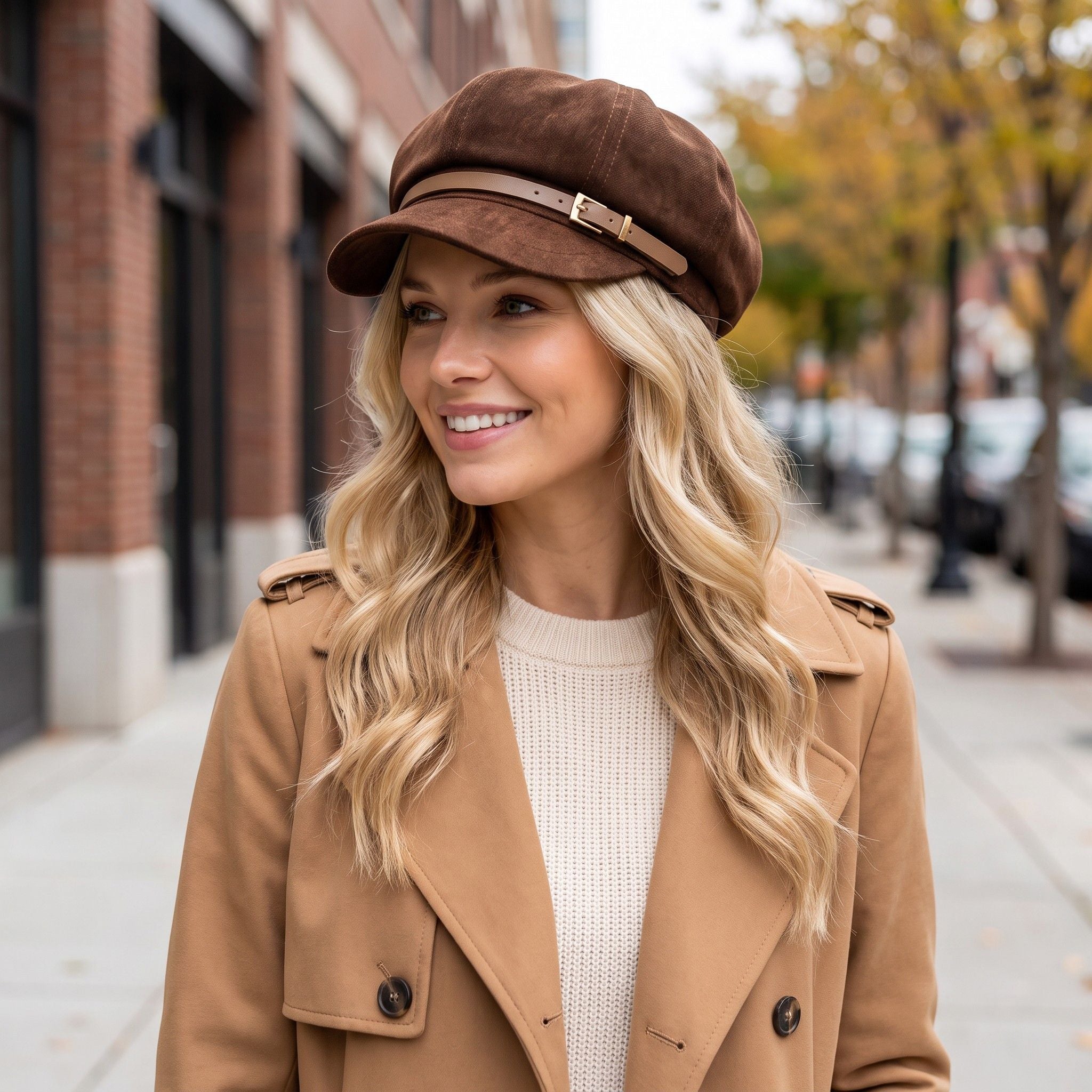 Faux Suede Newsboy Cap Vintage Baker Boy Hat With Buckle Band