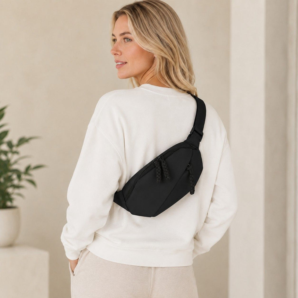 Crossbody Sling Waist Bag with Adjustable Strap Zip Closure and Braided Pulls