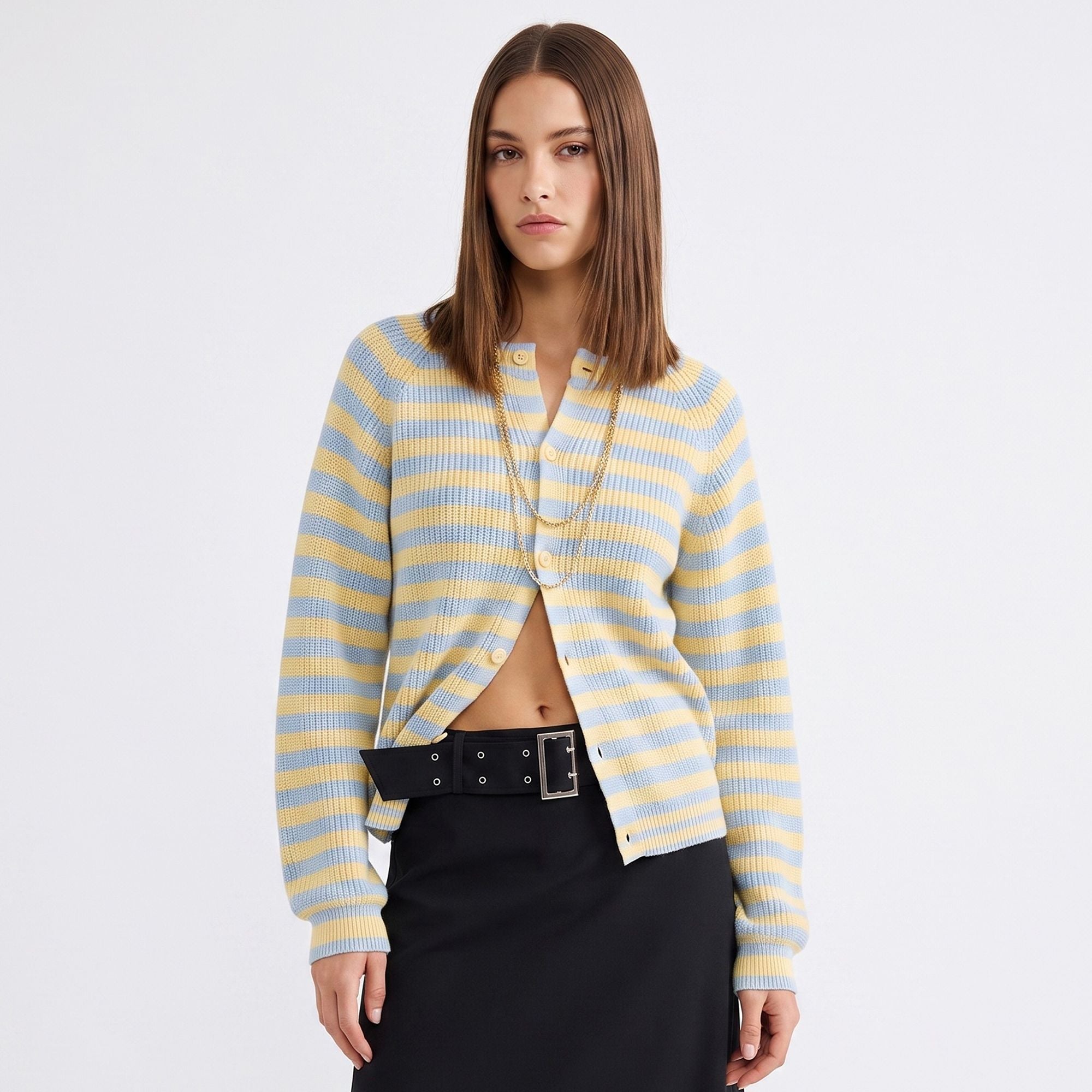 Striped Ribbed Crewneck Button Front Cardigan Sweater
