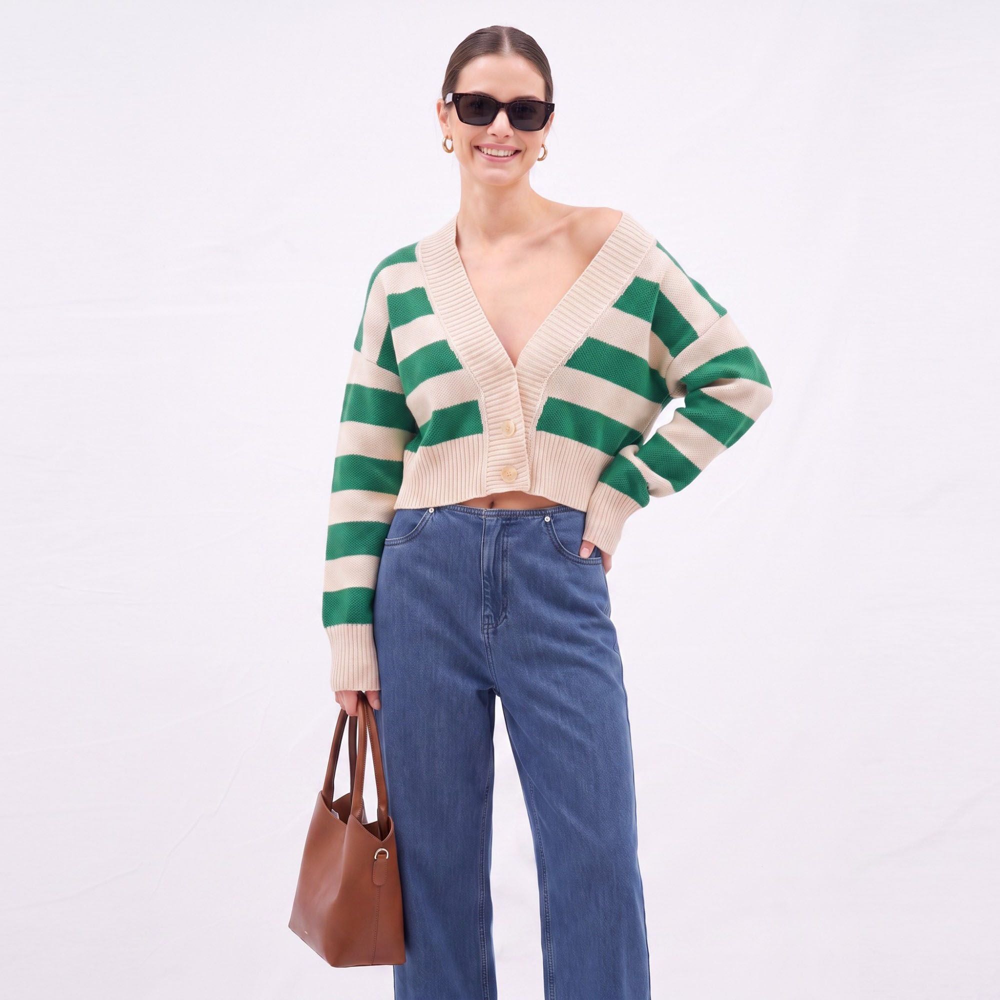 Striped V-Neck Cropped Cardigan Sweater