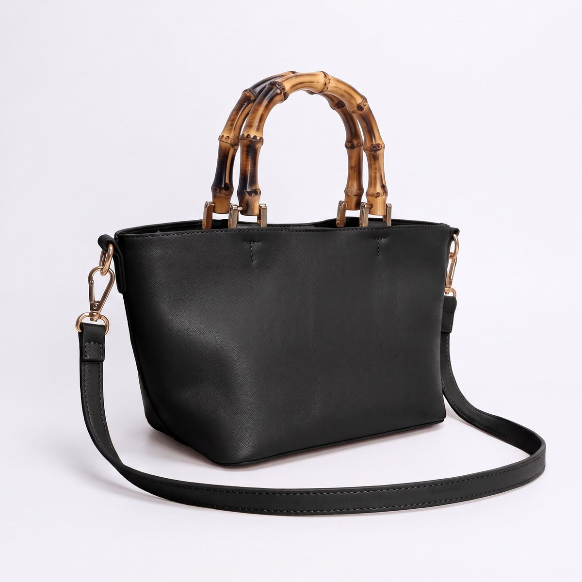 Bamboo Handle Satchel Bag with Detachable Shoulder Strap