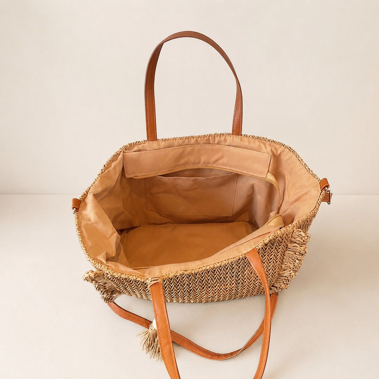 Fringe Woven Tote Bag with Detachable Strap Zip Closure and Tassel Accent