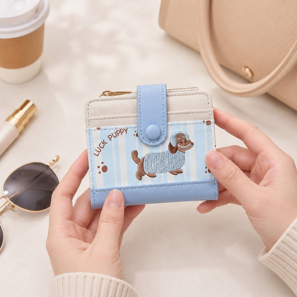 Compact Dachshund Print Bifold Wallet with Zipper Coin Pocket, Card Slots, Snap Closure and Bone Charm