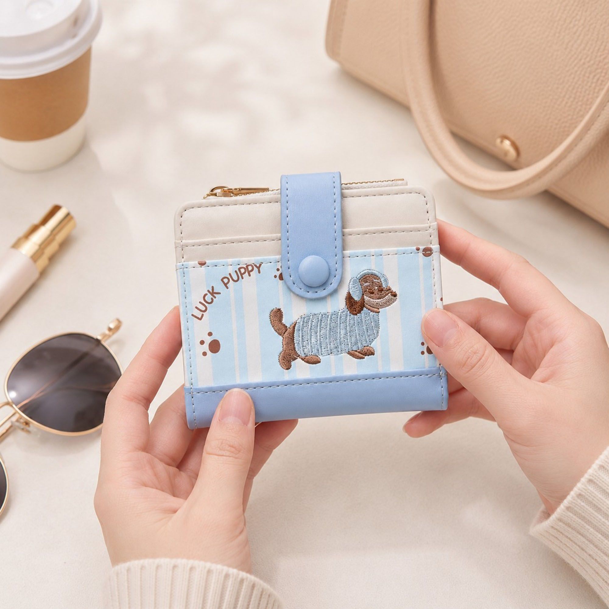 Compact Dachshund Print Bifold Wallet with Zipper Coin Pocket, Card Slots, Snap Closure and Bone Charm