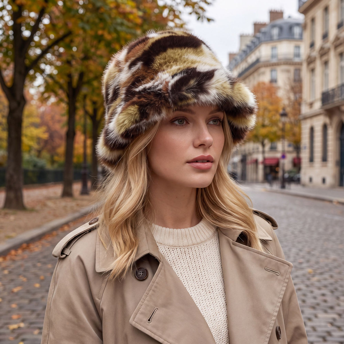 Faux Fur Bucket Hat Plush Fuzzy Colorblock Winter Hat