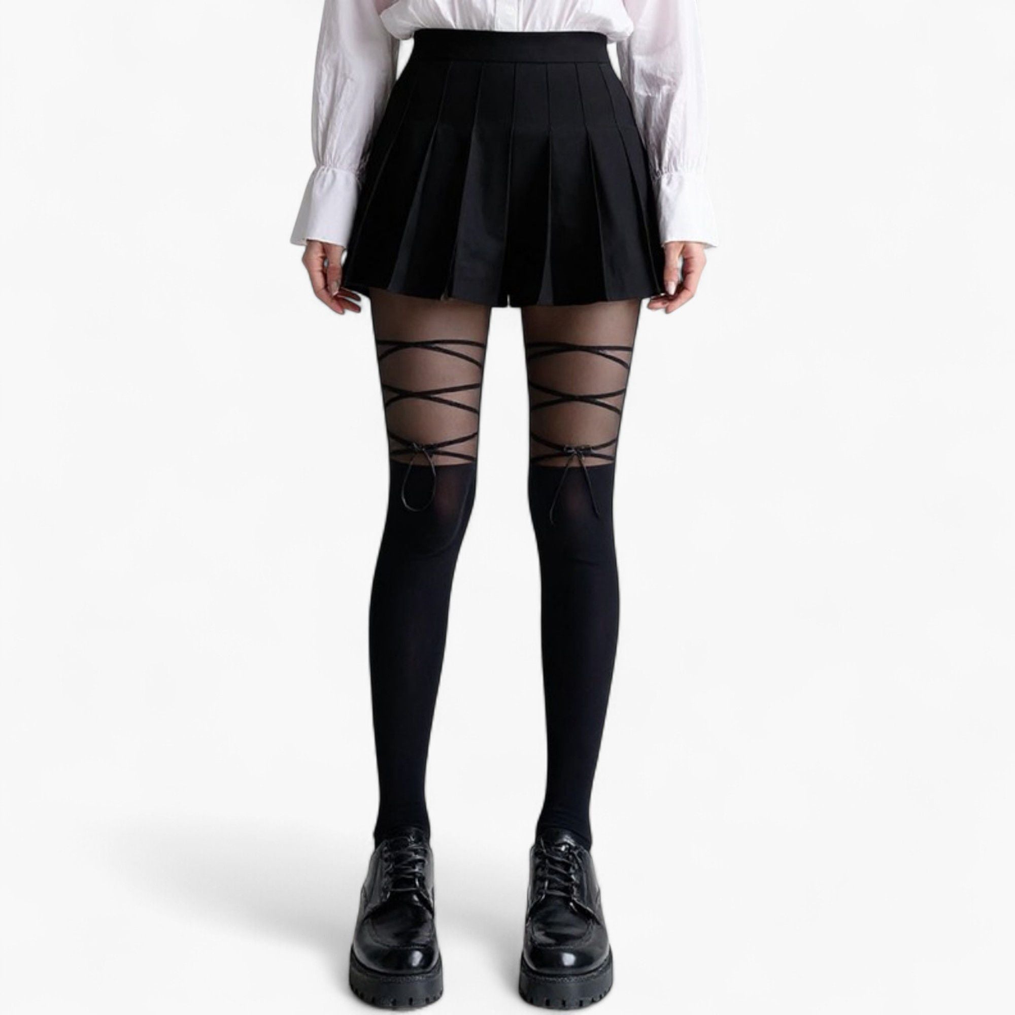 Anna-Kaci Women's Sheer Tights with Crisscross Lace-Up Detail and Opaque Lower Leg Design
