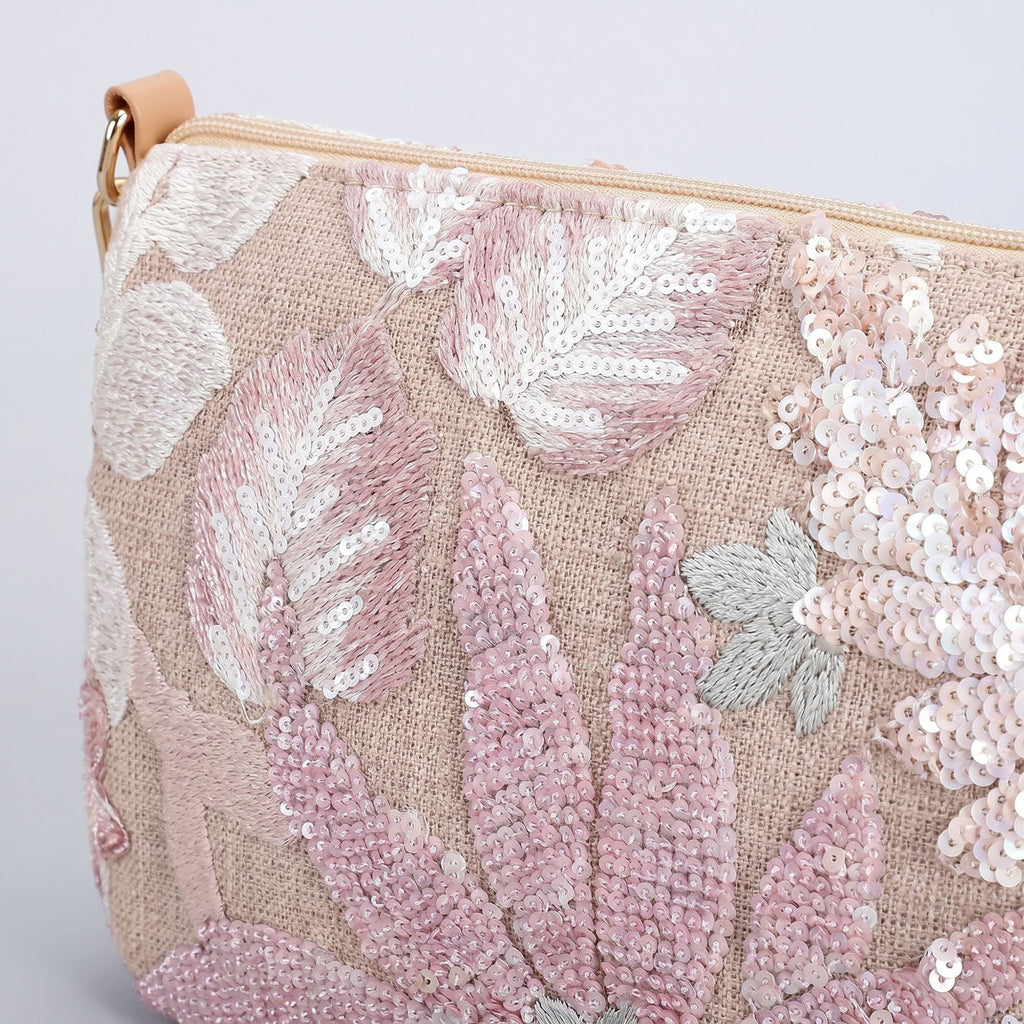 Floral Embroidered Sequin Shoulder Bag with Chain Strap Curved Silhouette
