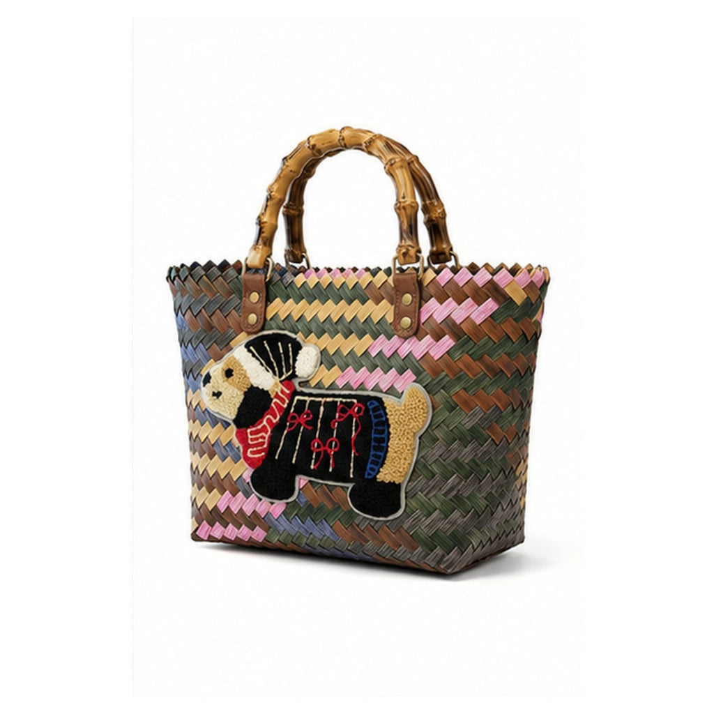 Woven Bamboo Handle Tote Handbag with Whimsical Dachshund Applique, Structured Shape and Roomy Interior