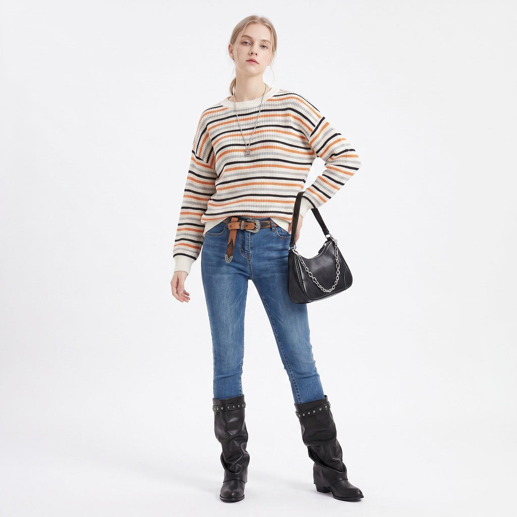 Multicolor Striped Crewneck Long Sleeve Knit Sweater