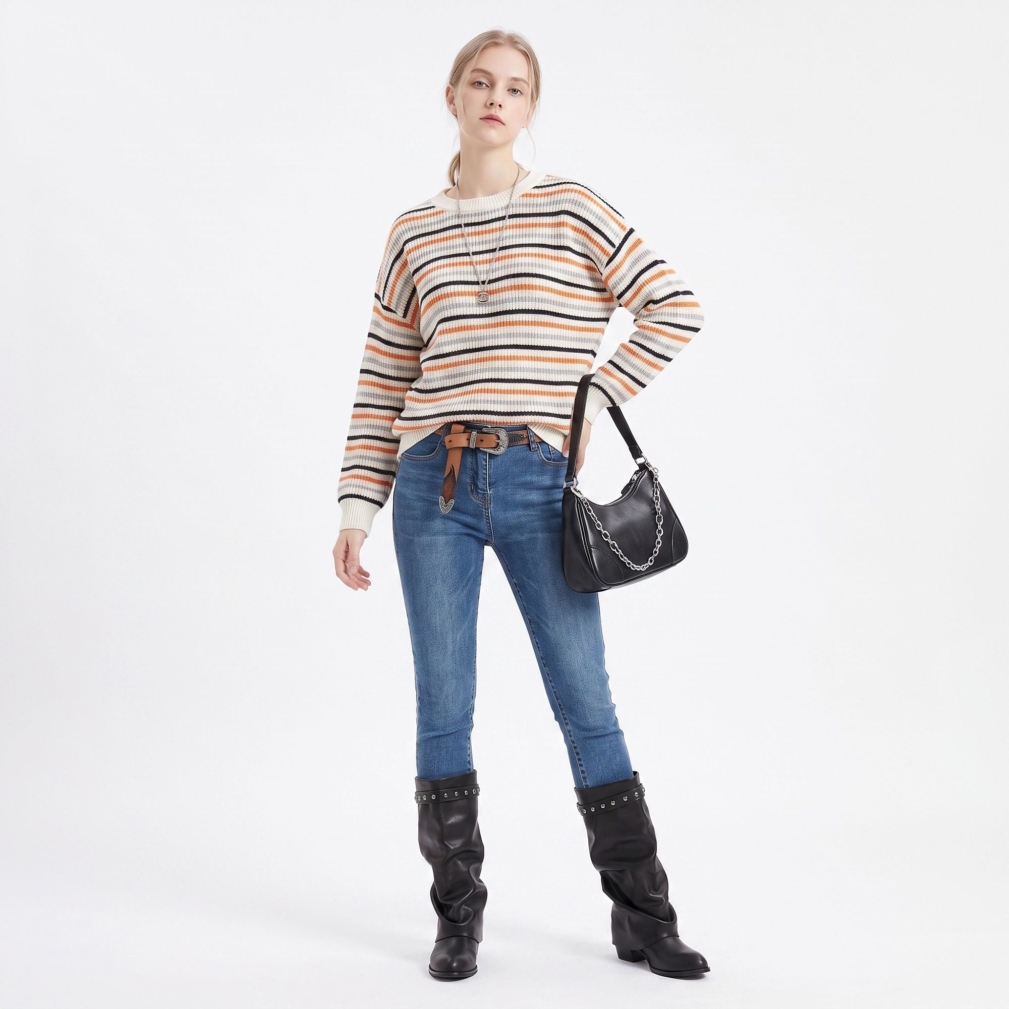 Multicolor Striped Crewneck Long Sleeve Knit Sweater